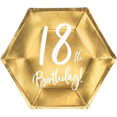 Party Deco Парти Чинии в Златно "18th Birthday", 20см - (1 пакет / 6 бр. )