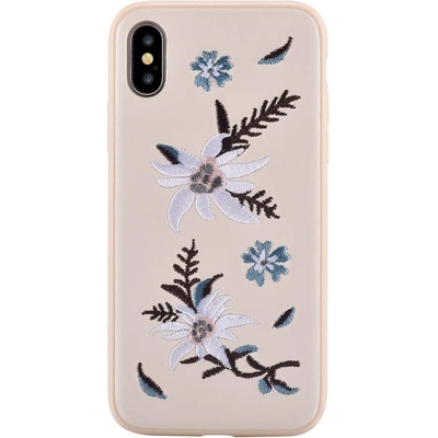 DEVIA Flower Embroidery Jalam Case - дизайнерски кожен кейс с ръчна бродерия за iPhone XS, iPhone X (бежов)