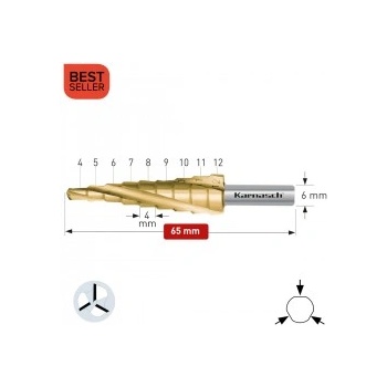 Karnasch Стъпално свредло Ø 4-12 mm (x 4 mm), HSS-XE TiN-Gold, 3x спирален канал, BESTSELLER (213001)