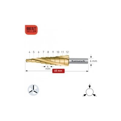 Karnasch Стъпално свредло Ø 4-12 mm (x 4 mm), HSS-XE TiN-Gold, 3x спирален канал, BESTSELLER (213001)