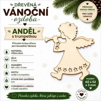 ADVIPO Dřevěná vánoční ozdoba Anděl s trumpetkou 60 × 52 mm