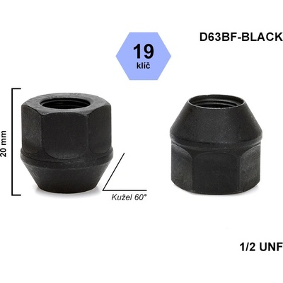 Kolová matice 1/2 UNF kužel otevřená, klíč 19, černá, D63BF-BLACK, výška 20