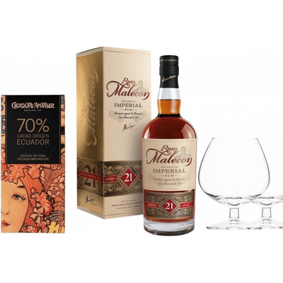 Malecon 21y + Chocolate Amatller 70% 70g + 40% 0,7 l (dárčekové balenie 2 poháre)