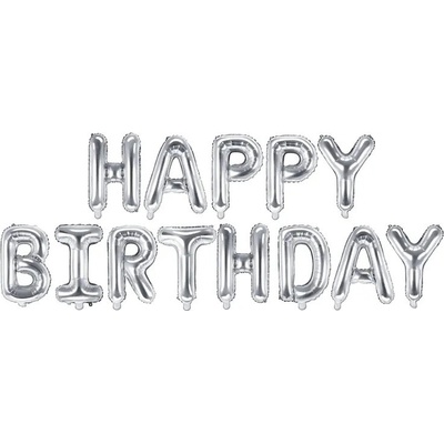 KIK Strieborný fóliový balónik 340x35cm s nápisom Happy Birthday