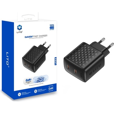 LITO Зарядно устройство Lito - (LC22) - 2x Type-C изход, PD45W, GaN, PC Fireproof, EU щепсел - Черен
