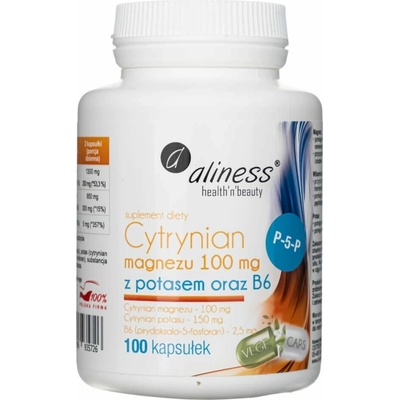Aliness Citrát horečnatý 100 mg s draslíkom 150 mg B6 (P-5-P) 100 rastlinných kapsúl