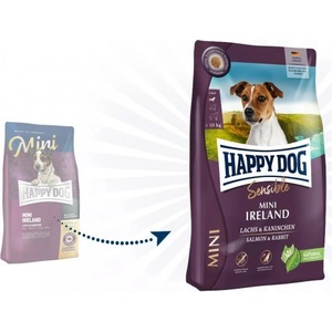 Happy Dog Mini Ireland - храна за чувствителни кучета от дребни породи, склонни към алергични прояви, със сьомга, заешко, ечемик и овес 0, 800 кг, Германия - 61223