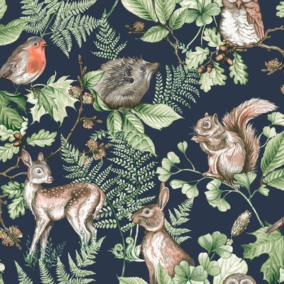 Graham & Brown 108568 Dětská vliesová tapeta Lesní zvířátka Woodland Animals Navy Kids@Home 6 rozměry 0,52 x 10 m