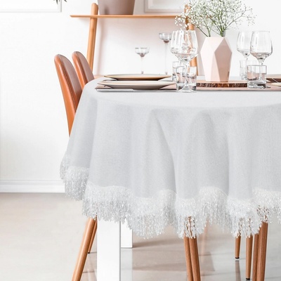 Eurofirany Okrúhly obrus JASPER 120 cm zdobený nadýchanými strapcami biela Polyester 120 cm kruh