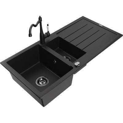 Mexen Andres гранитна мивка 1, 5-камерна с отцедник и кухненски смесител Carla, черен - 6515-77-670700-70-B (6515-77-670700-70-B)