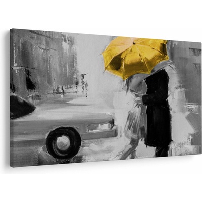 Obraz - Zamilovaný pár pod dáždnikom, žltý, jednodielne 150x100 cm