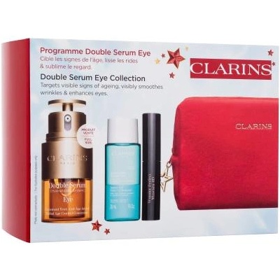 Clarins Double Serum Eye Collection подаръчен комплект: околоочен серум Double Serum Eye 20 ml + демакиант за очи Instant Eye Make-Up Remover 30 ml + спирала Wonder Perfect Mascara 4D 3 ml 01 Perfect Black + червена козметична чантичка