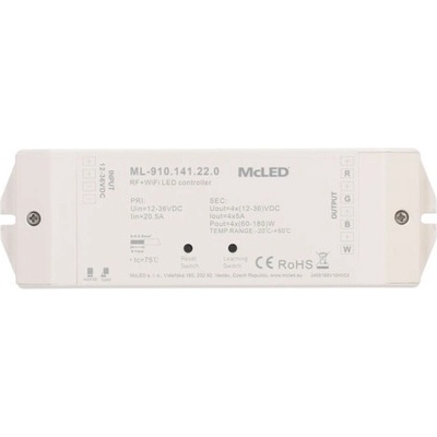MCLED Přijímač RF a WIFI řízení jasu, CCT,RGBW 4 kanály 4x5A, 12-36V IP20 ML-910.141.22.0