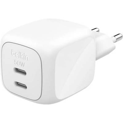 Belkin BOOSTCHARGE PRO мрежово зарядно устройство с 2 Type-C порта, 50 W, PD бързо зареждане, БЯЛО WCH019KQWH (WCH019KQWH)