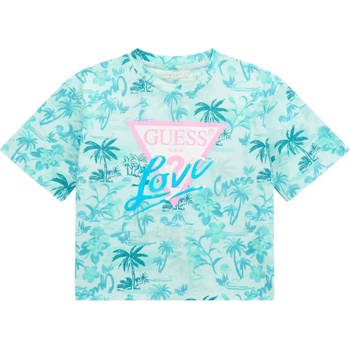 GUESS Широка ментова тениска за момиче с палми и розово лого Guess Love
