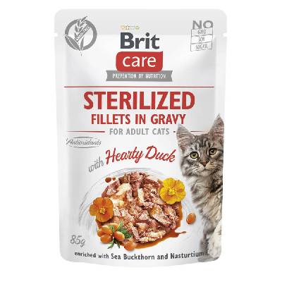 BRIT CARE Cat Sterilized Fillets in Gravy with Hearty Duck Enriched with Sea Buckthorn and Nasturtium 12x85g