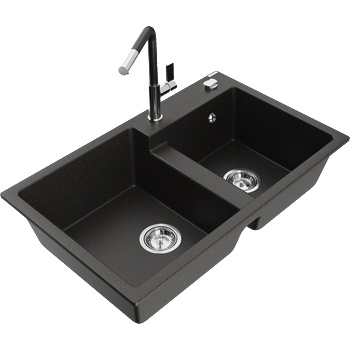 Mexen Tomas гранитна мивка с 2 камери с кухненски смесител Flora, черен/златист металик - 6516-75-670401-07 (6516-75-670401-07)