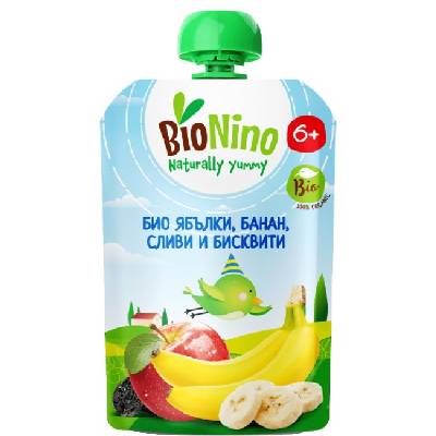 Био плодова закуска BioNino - Пауч с ябълки, банан, сливи и бисквити, 6 м+, 90 g (BN2614)