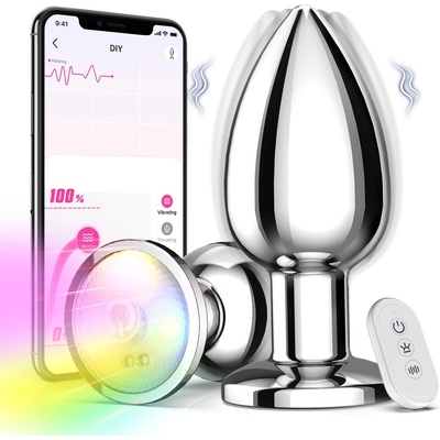 SuperLove Powerful Glowing Vibrating Metal Butt Plug with Remote & App Small