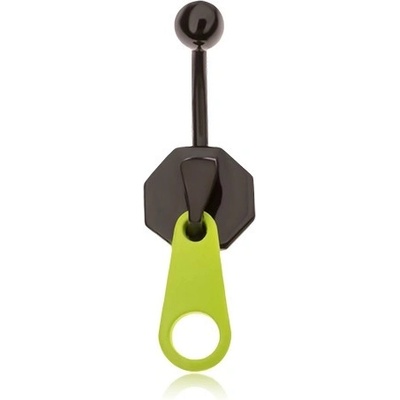 Šperky eshop piercing do břicha z oceli černý zip s neonově zeleným jazýčkem M8.23