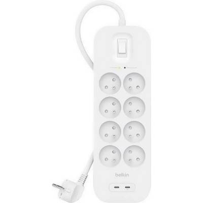 Belkin мрежов разклонител с 8 AC + 2 Type-C гнезда, защита от пренапрежение, PD бързо зареждане + захранващ кабел 200 см, БЯЛ SRB004CA2M (SRB004CA2M)