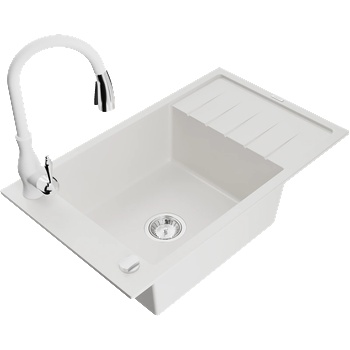 Mexen Elias гранитна мивка с едно корито с отцедник и кухненски смесител Savita, бял - 6511-20-672601-20 (6511-20-672601-20)
