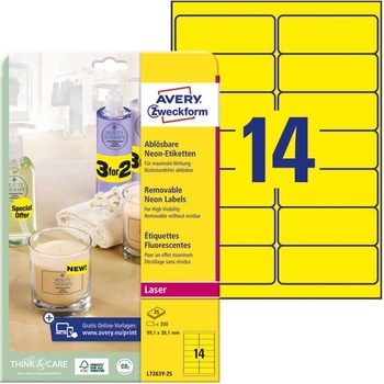 AVERY Етикет AVERY L7263Y-25 99, 1x38, 1mm лазерен неоново жълт 350 етикета/кутия 25 листа/кутия (L7263Y-25)