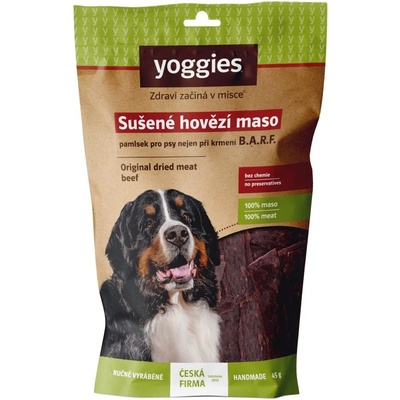 Yoggies Sušené hovězí maso pro psy proužky Pamlsek pro psy 45 g