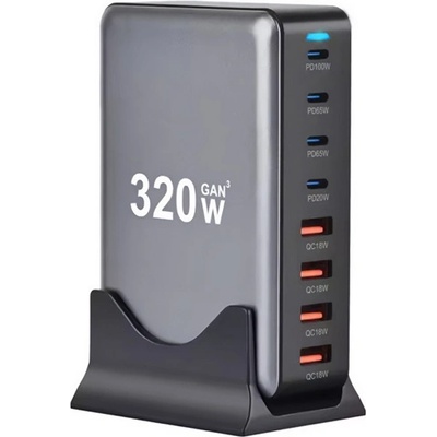 BlackBird BH1673 Зарядно устройство за променлив ток, 8 гнезда Type-C, 320W, QC бързо зарядно устройство, ЧЕРНО (BH1673)