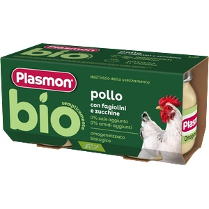 Plasmon БИО пюре пиле със зелен фасул и тиквички 6м+ 2х80г - topcho-online