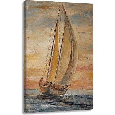 Obraz plachetnica na mori pri západe slnka na plátne – s ručne maľovanými detailmi - 60x90 cm