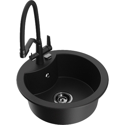 Mexen Diego кухненска мивка гранитна 1-камерна с кухненски смесител Duo, черен - 6512-77-671701-70-B (6512-77-671701-70-B)