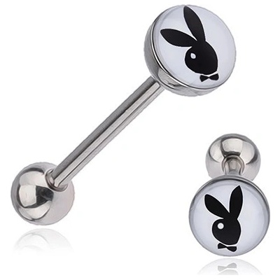 Šperky eshop ocelový piercing do jazyka černobílý zajíc s mašlí R14.1