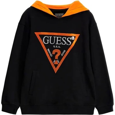 GUESS Спортен суичър без цип за момче в черно с плюшено оранжево лого Guess