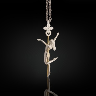 Pole Dance (Танци на пилон) - Дамски спортен медальон от сребро 925 с частично позлатено покритие - Ръчно изработено спортно бижу - Идеален подарък за жена, фенка на гимнастиката - SSJ