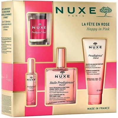 Nuxe Happy in Pink sprchový gel 100 ml + suchý olej 100 ml + svíčka 70 g + parfémová voda 15 ml dárková sada