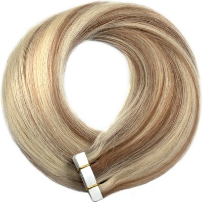 TAPE IN vlasy Premium 60 cm – 20 pásků, 50 g, melír ledová blond / tmavá blond, pravé indické vlasy