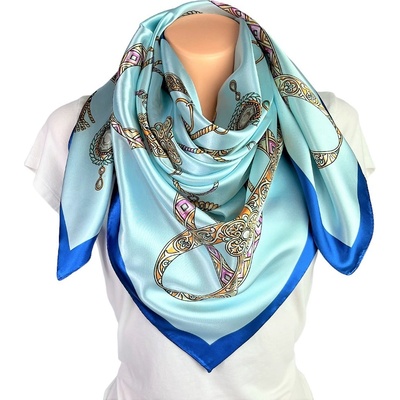 Classic Scarf modrý tyrkysový viskózový dámský šátek na krk s ornamenty růžice