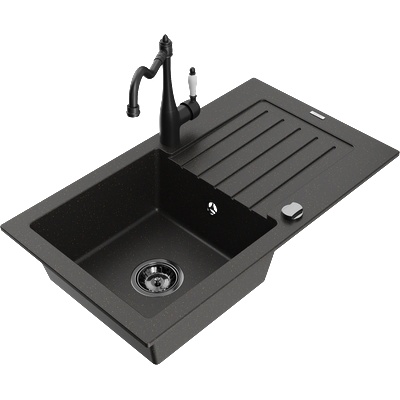 Mexen Pablo гранитна мивка с 1 корито с отцедник и кухненски смесител Carla, черен/златен металик - 6510-75-670700-70-B (6510-75-670700-70-B)