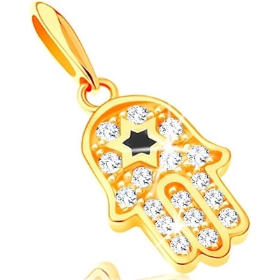 Šperky Eshop Přívěsek ze žlutého zlata symbol Hamsa s čirými zirkony a černou hvězdou S2GG121.09