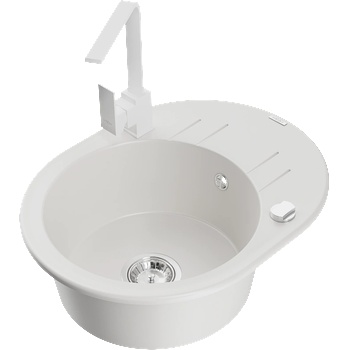 Mexen Kevin гранитна мивка 1-камерна с отцедник и кухненска батерия Rita, бяла - 6517-20-670300-20 (6517-20-670300-20)