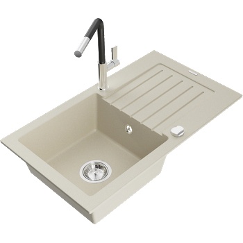 Mexen Pablo гранитна мивка с 1 отделение с отцедник и кухненски смесител Flora, бежов - 6510-69-670401-07 (6510-69-670401-07)