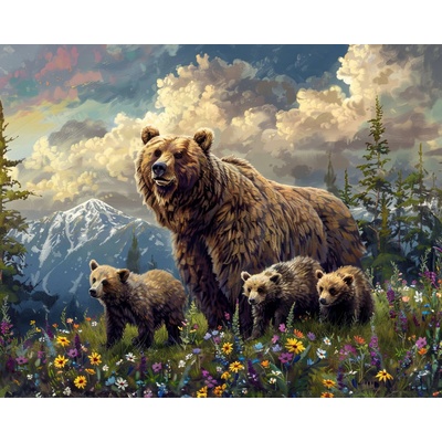 ZUTY Obrazy na stenu - MEDVEĎ S MLÁĎATAMI V KVETOCH A HORY Rámovanie: bez rámu a bez vypnutia plátna, Rozmer: 40x50 cm