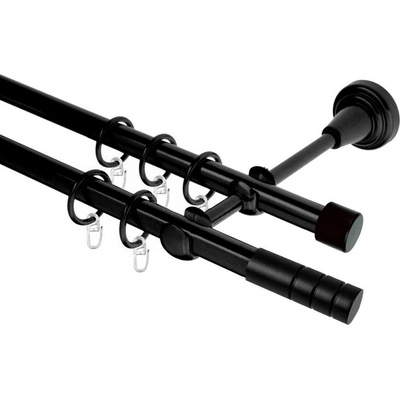 OK-GarnýžeCZ Garnýž kovová dvouřadá 19mm Techno černá 220 cm do stěny / kroužky s háčkem