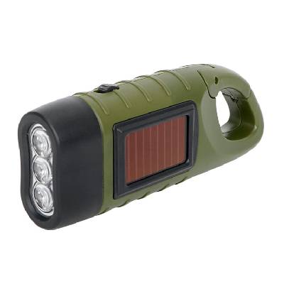 OEM Svítilna ruční dobíjecí - kapesní svítilna solární s dynamem a klikou - 3 LED - nouzové světlo a přenosná kempinková svítilna s karabinou k zavěšení kapesních rozměrů