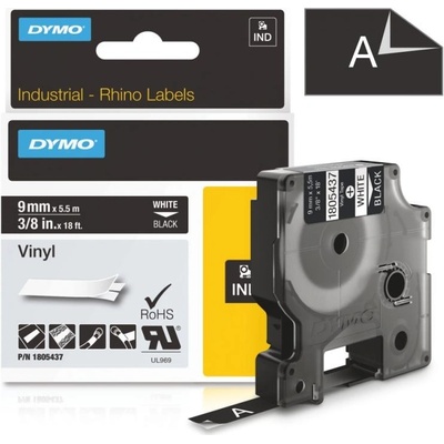 Páska Dymo Rhino vinyl, 9mm (1805437) černá, bílý tisk, 5,5m