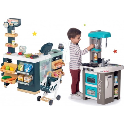 Smoby Set kuchynka elektronická Tefal Studio 360° Bubble a obchod zmiešaný tovar Maxi Market s chladiacim boxom