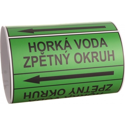 Páska na značení potrubí Signus M25 - HORKÁ VODA ZPĚTNÝ OKRUH Samolepka 130 x 100 mm, délka 1,5 m, Kód: 25889