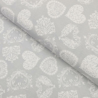 Dekorační látka PML-071 Srdce s ornamenty na šedém - šířka 150 cm