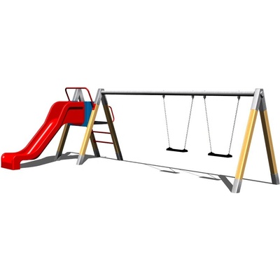 Playground System Řetězová dvojhoupačka se skluzavkou dřevěná - B (vp 1 m)